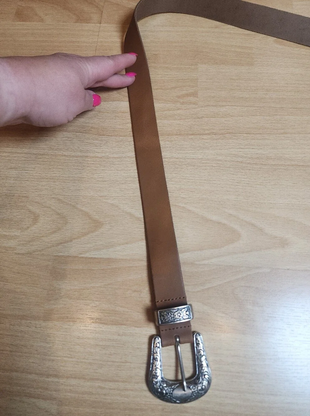 Yourturn Genuine Leather Brown Belt Silver Floral Metal Buckle 37